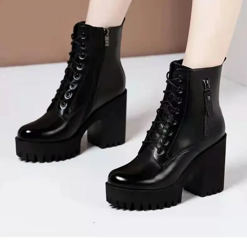 

10cm Plus Size 34-43 Fashion British Block High Heels Boots Platform Shoes with Fur 2023 Fall Thick Bottom Ankle Boots Office