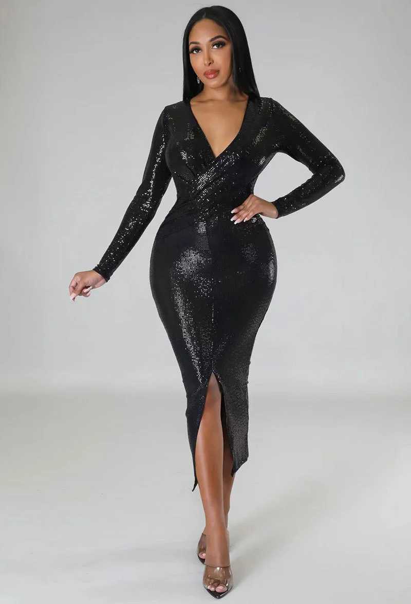

Cutubly Fashion Sparkly Long-Sleeved Sexy Dresses For Women Party Club Night Slim High Waist V Neck Bodycon Split Pencil Skirt