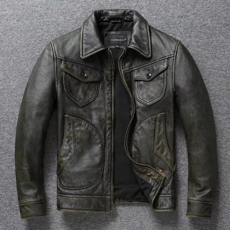 

Mendoza Farmer Genuine Leather Jacket Men's American Retro Distressed Moon Pocket Olive Green Lapel Motorcycle Jacket