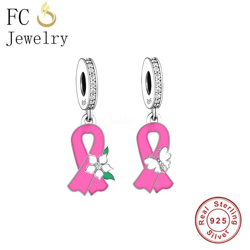 

FC Jewelry Fit Original Pan Charms Bracelet 925 Silver Pink Ribbon Flower Butterfly Breast Cancer Bead For Making Berloque 2023