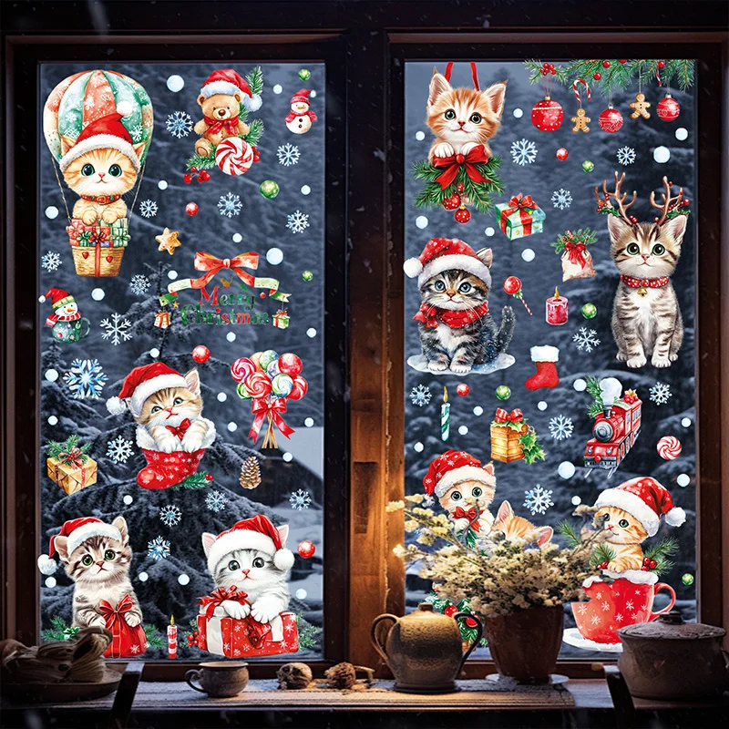 Christmas Cartoon Cute Animals Cats Window Sticker Street Storefront Window Display Electrostatic Adsorption Holiday Decorations