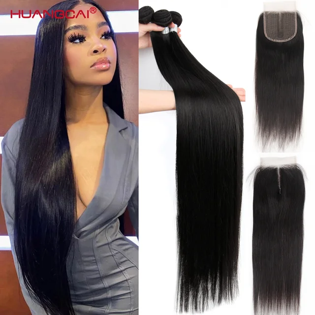 36 38 40 inch Long Straight Bundles With Closure Human Hair Brazilian Hair Weave Straight Extension With 5x5x1 Closure For Women 1