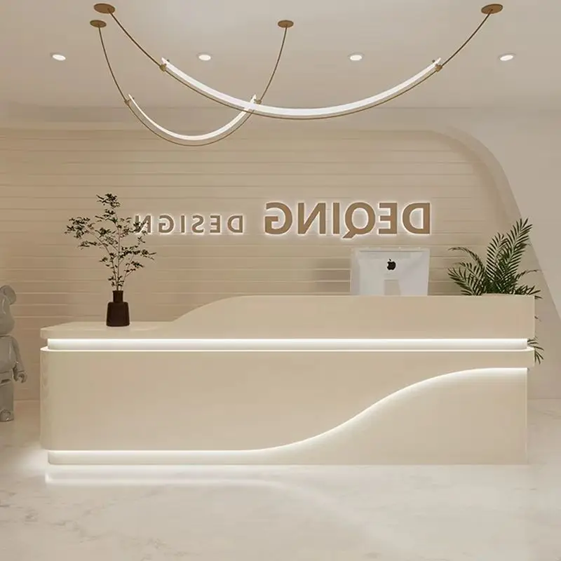 High Quality Small Modern Wood Panel Reception Desk Home Office Beauty Salon Barber Shop Featuring Pink White Front Table Bar