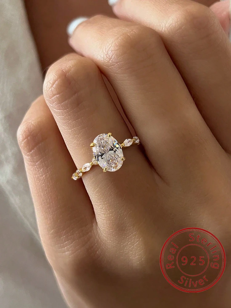 925 Sterling Silver Elliptical Horse Eye Zircon Ring Women Engagement Wedding Fine Jewelry