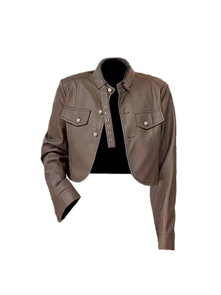 

Women's Leather Jacket Coat Harajuku Vintage Korean Long Sleeve Brown Motorcycle Jacket Streetwear Outerwear 2000s Clothes 2023