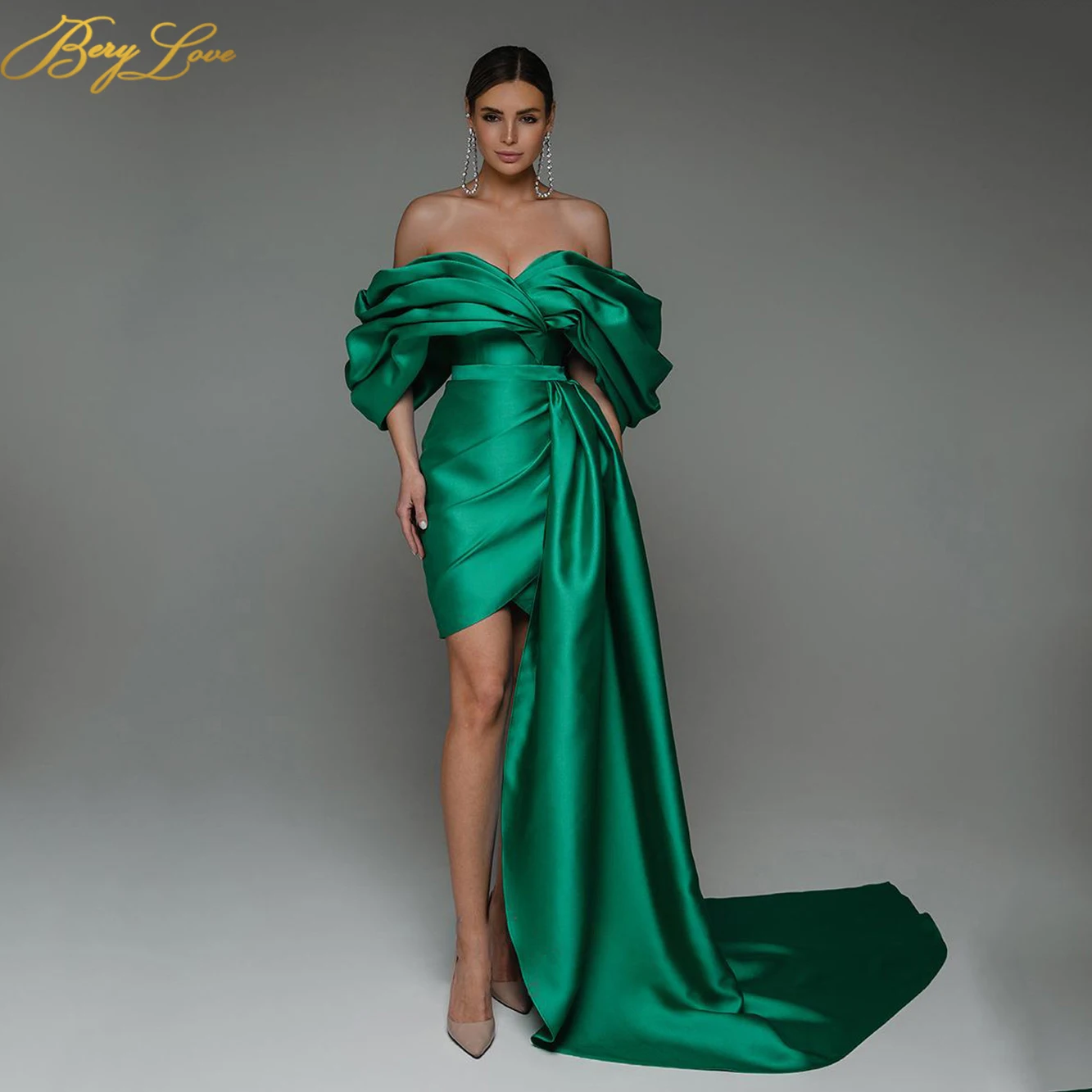 

Berylove 2024 Elegant Party Dress Prom Dresses Satin Puffy sleeves Wedding Party Graduation Dress Gown Long Trailing Tail Dress