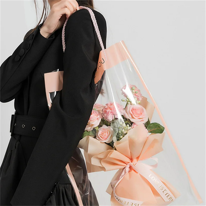 10Pc White/Pink PVC Flower Packing Bag Transparent Tote Flower Bouquet Birthday Party Gift Bag Florist Wrapping Handbag