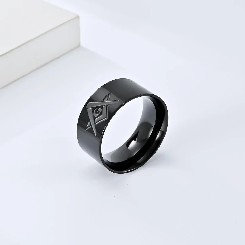10mm Black Gold Plated Stainless Steel Men's Freemasonry Band Ring Cool Quality Titanium Mason Ring 5