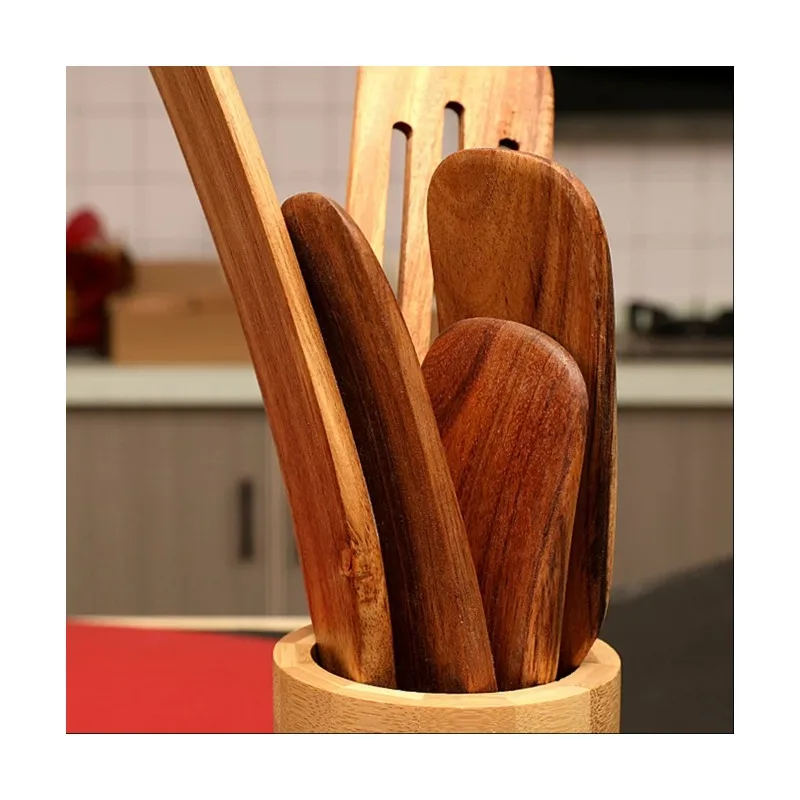Wooden Cooking Tools Set 5PCS Teak Wood Non-Stick Heat Resistant Spatula Spoon Kitchen Tools for Cooking Serving and Stirring