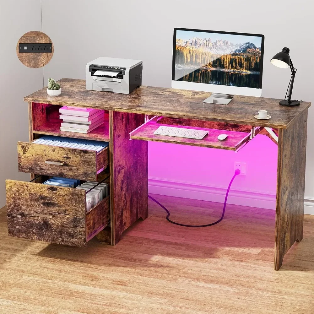 

Computer Desk with File Cabinet, with Keyboard Tray & 3 drawers,55 Inch Computer Desk with Smart LED Light and Power Outlet