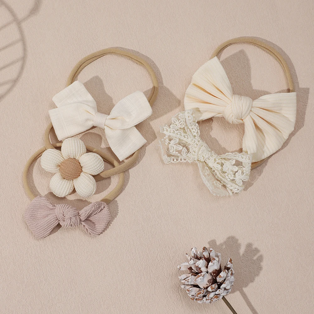 Baby Headband Set - 5Pcs Elastic Apricot Flower Bow Nylon Hair Accessories for Infants and Toddlers