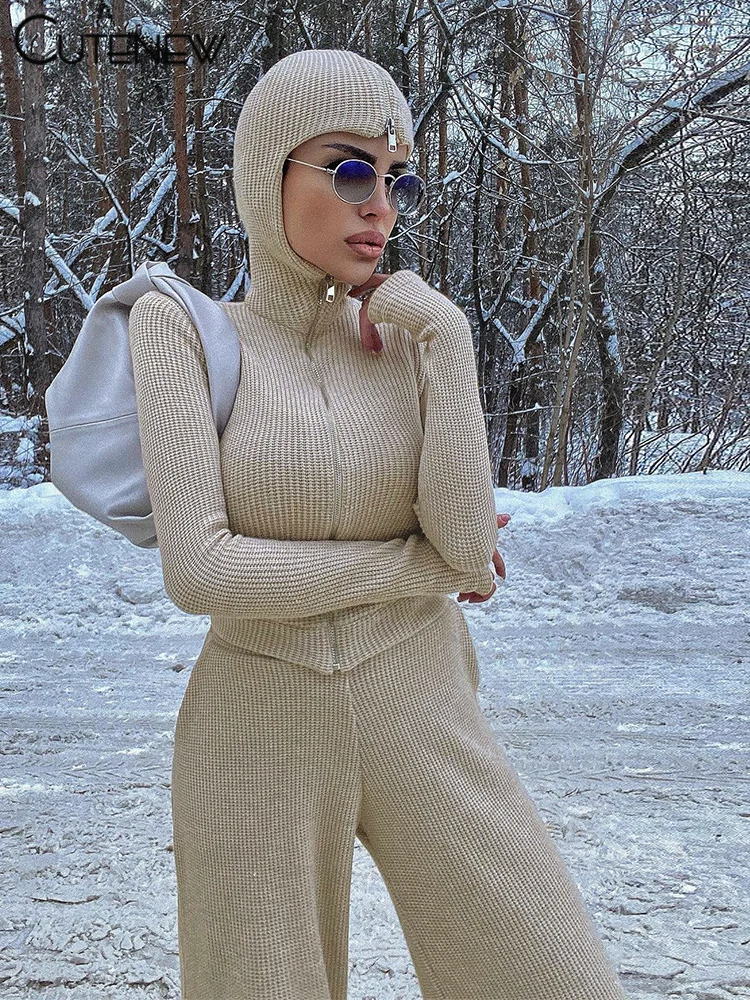 Classic Sporty Women 2Piece Set Concise Autumn Tracksuits Solid Hooded Zip-up Crop Tops+Matching Pants Female Knit Suits