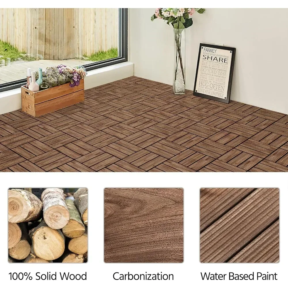 27PCS Wooden Decking Tiles 12 x 12in Hardwood Interlocking Patio Deck Tiles Composite Floor Covering for Platform Patio Garden