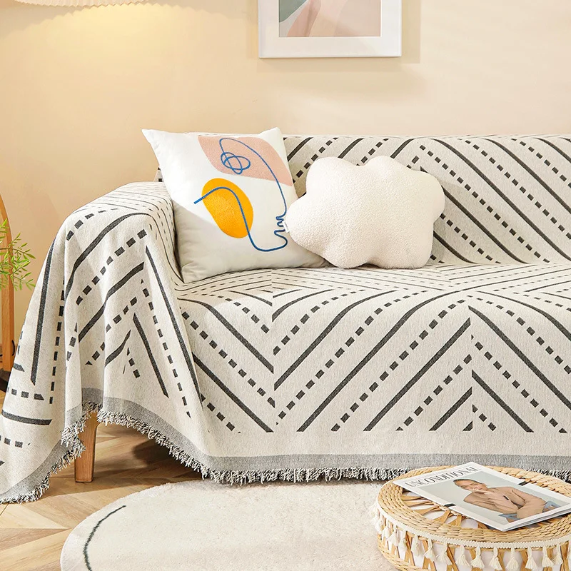 Art Deco Chenille Sofa Throw Covers &ndash; Machine Washable, Pet Friendly Stylish Geometric Design Throw with Fringe