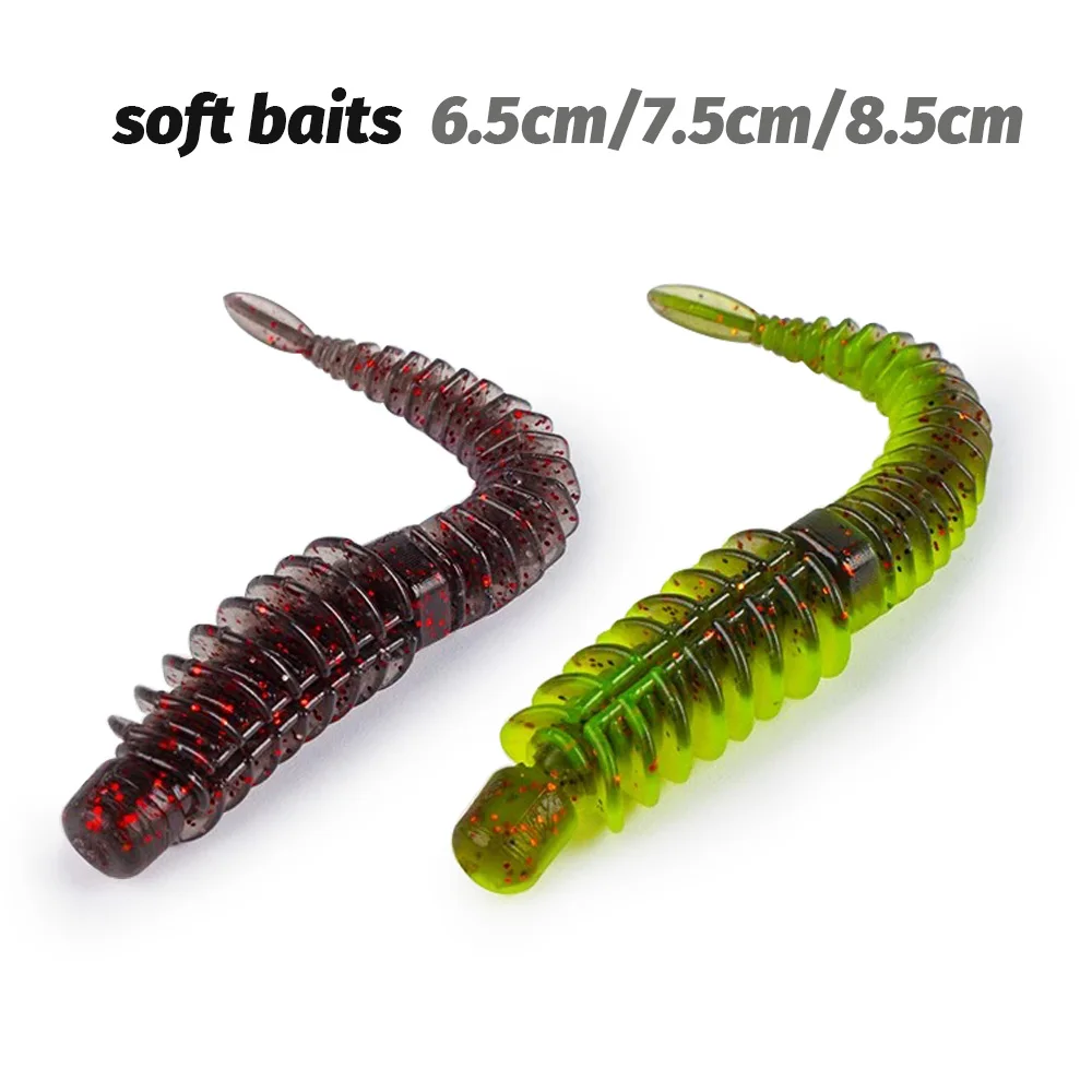 10PCS Soft Lures 6.5cm 7.5cm 8.5cm Thread TPE Worm Jig Hook Carp Fishing Crankbait Pesca Swimbait Gear Fishy Flavor Silicon Bait