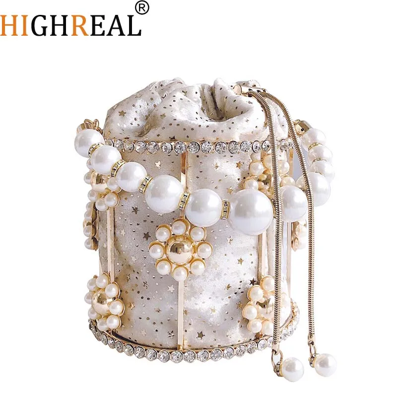 

HIGHREAL Flowers Rhinestones Metal Evening Bag Women Designer Diamonds Alloy Cage Pearls Dinner Clutch Purse Ladies Handbag