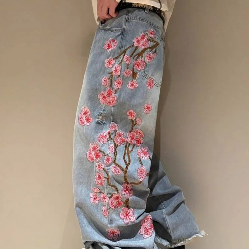 Cherry Blossom Selvedge Embroidery Denim Pants Y2K Retro Men Casual Baggy Straight Wide Leg Jeans High Quality Hiphop Streetwear
