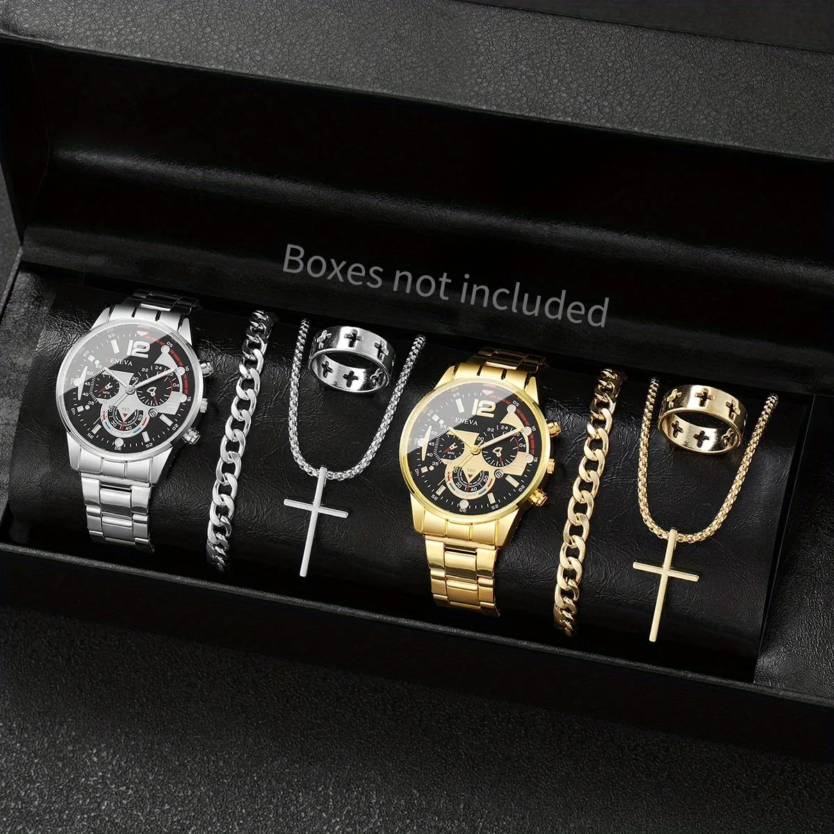 4PCS Mens Business Watch Bracelet Ring Set Analog Mechanical Quartz