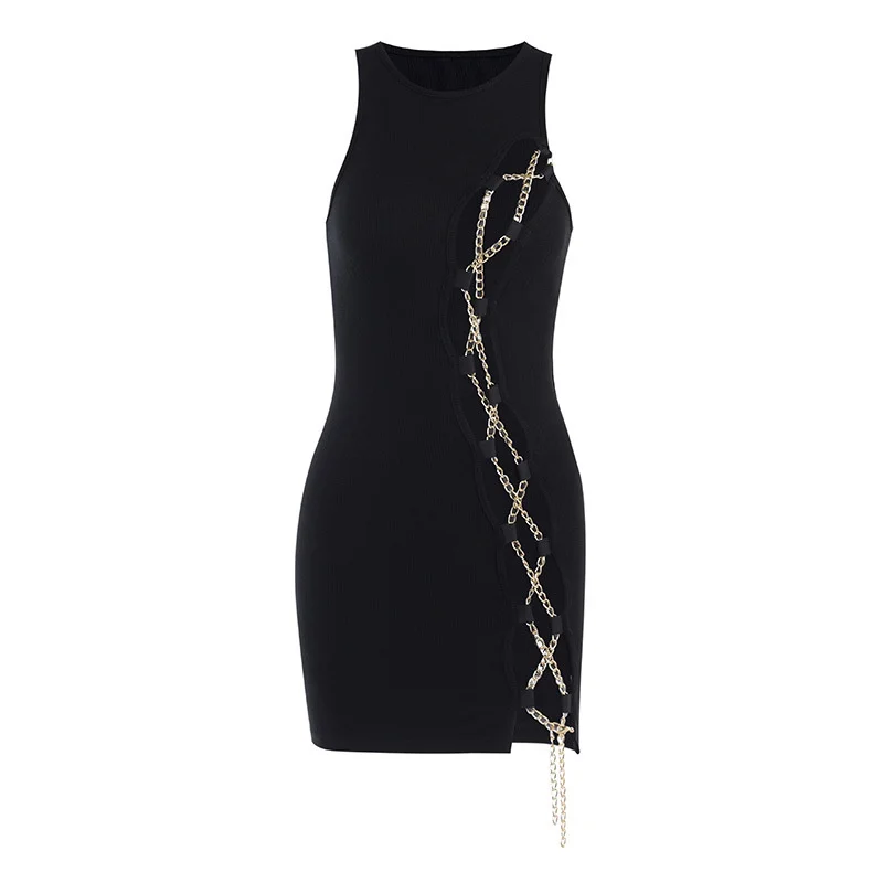 Black/White Embellished with Metal Chain Details - Maxi Dress