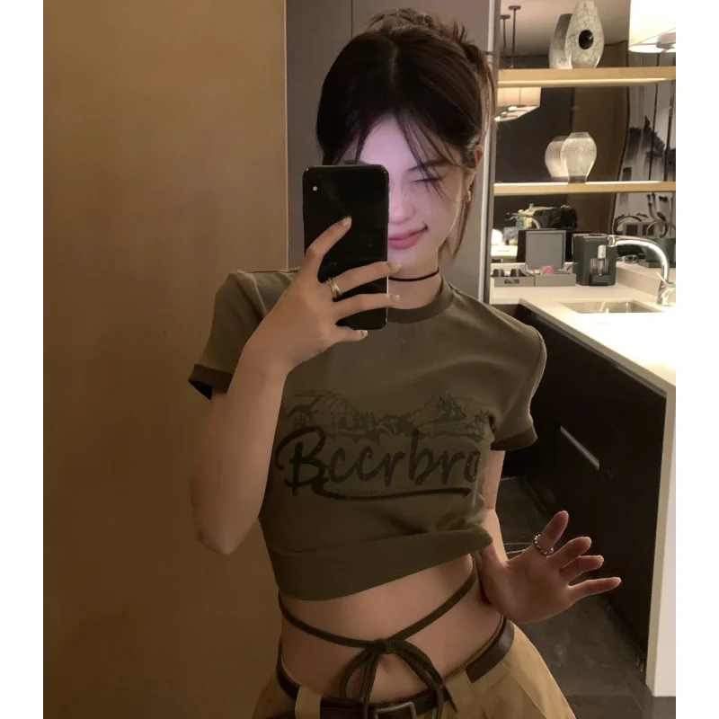 

T Shirt For Women Green Printing Personalized Summer Fashion Y2K Style Chic 2023 Female Clothing Versatile Short Apricot Tops