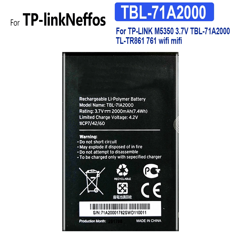 

2000mAh TBL-71A2000 For TP-Link TL-TR861 2000L TL-TR761 M5250 M5350 M7000 M7200 M7300 4G LTE WIFI Router Modem Battery