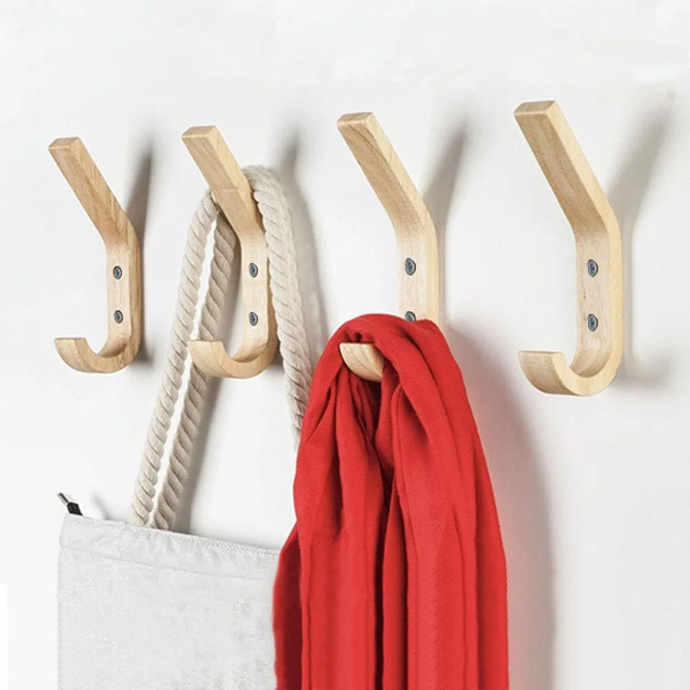 2/4 pcs Natural Wood Clothes Hanger Wall Mounted Coat Hook Decorative Key Holder Hat Scarf Handbag Hanger Organizer for Home 3