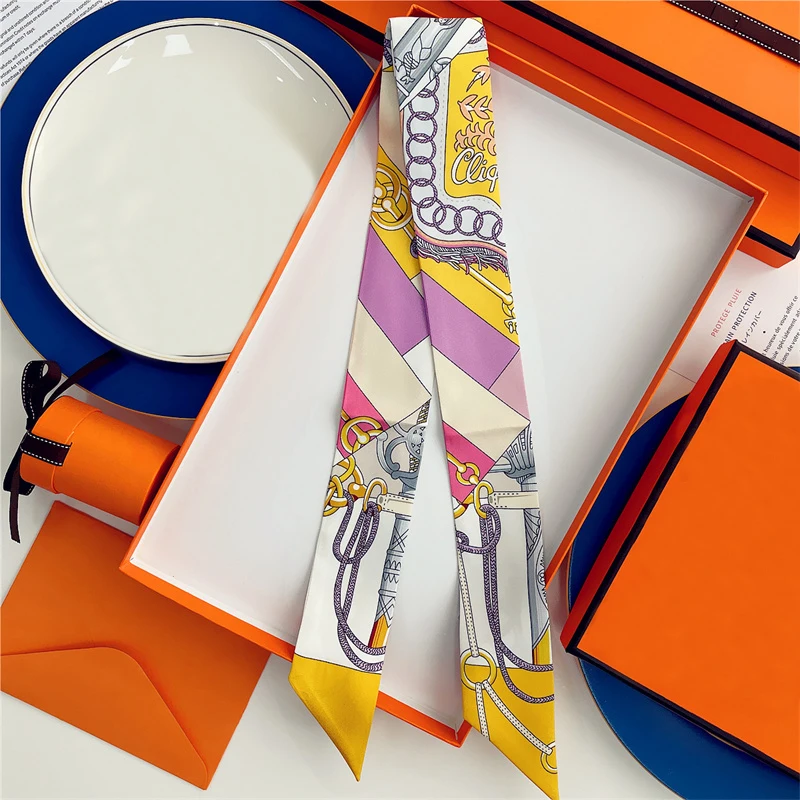 2025, Marke Design Ketten Frauen Maulbeerseide Schal Luxus Schal Mode Haar Stirnband Foulard Dünne Tasche Schals Halstuch – Detail 11