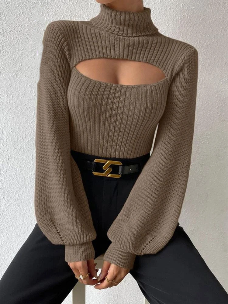 

Turltneck Hollowed Out Pullover Sweater Women Sexy Solid Long Lantern SleeveKnitwear 2023 Autumn Female Slim Fashion Outerwear