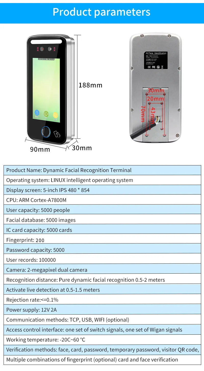 Tuya App Wifi AI Dynamic Face Recognition Reader Attendance Terminal 5000face TC