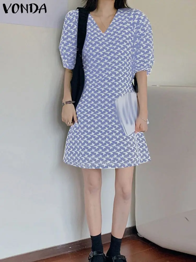 

2023 VONDA Bohemian Summer Printed Mini Dress Women Sundress Elegant V Neck Half Puff Sleeve Casual Robe Loose Beach Vestidos