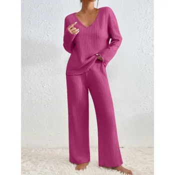 Women's Black Two-Piece Set Autumn New Fashion Casual V-neck Pit Strip Pants Set Solid Ribbed Loungewear Ladies Clothing 1