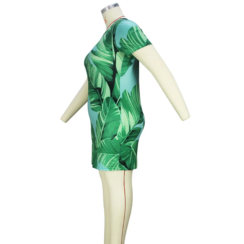Ladies Sexy Fashion Round Neck Green Leaf Printing Short Sleeve Summer Vacation Slim Bag Hip Plus Size Mini Dress for Women