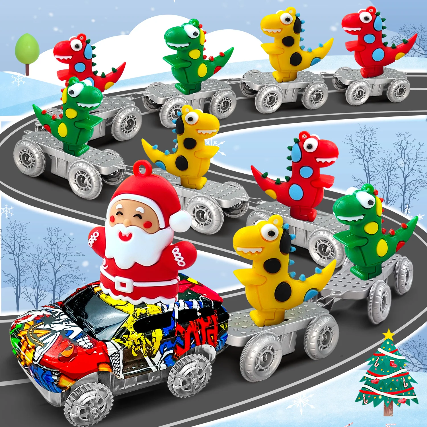 Christmas Dinosaur Toys Create A Dinosaur World Road Race-Flexible Track Santa Claus Car for 3 4 5 6 Year Up Old Boy Girls Gift