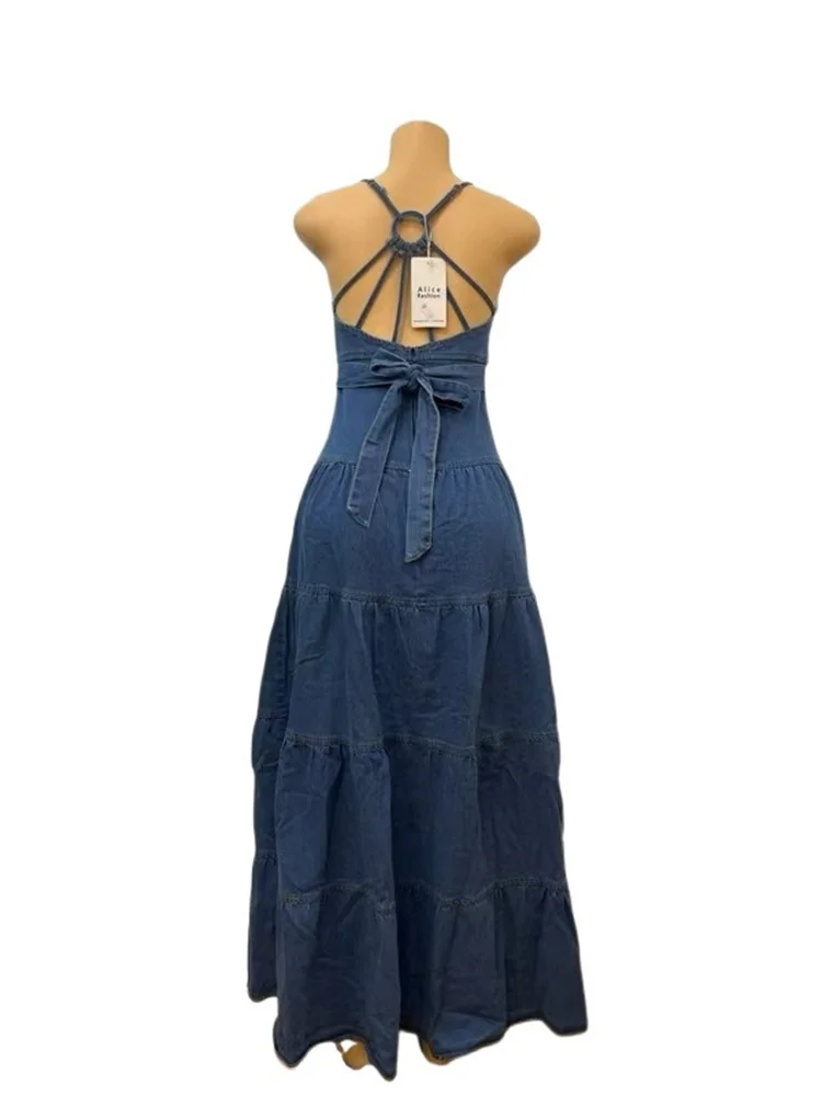 Wmstar Denim Dresses for Women 2025  Elegant New Sweet Sexy Deep V Neck Halter Bandage Belt Long Dress Wholesale Dropshipping