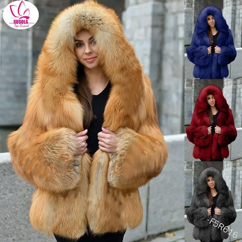 

SUSOLA 5XL Winter Women Faux Rabbit Fur Coat Hooded Female Super Soft Elegant Thick Warm Outerwear Fake Fur Jacket Artificial