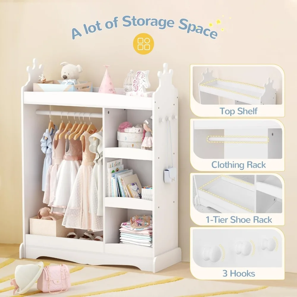 Kids Dress Up Storage with Mirror & 3 Hooks, Kids Closet with Armoire Costume Organizer for Bedroom 4