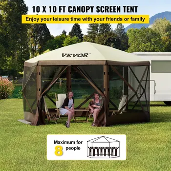 Waterproof Screen Shelter w/Portable Storage Bag 8 Person Camping 6 Sided Pop-up Canopy Screen Tent 10'x10' Camping Gazebo Tent 2