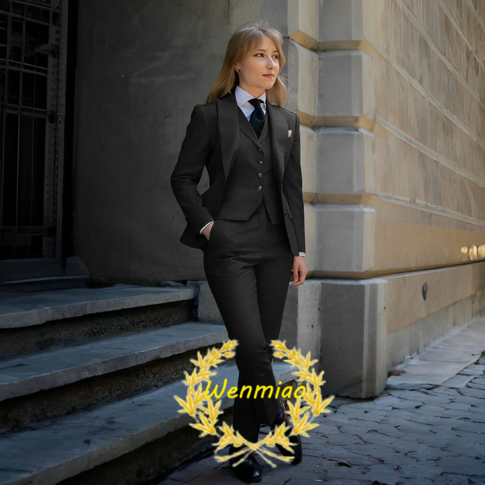 Formal Business Women's & Men's Suits 3 Piece Dark Grey Blazer Pants Vest Point Lapel Groom Tuxedo Office Jacket Set