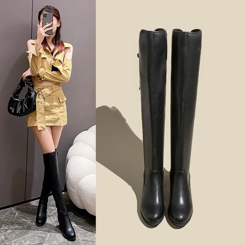 Women Leather Elastic Boots Ladies Plush Long Boot Autumn Winter Thick Heels Over The Knee Boots Slip on Botas New Plus Size 41