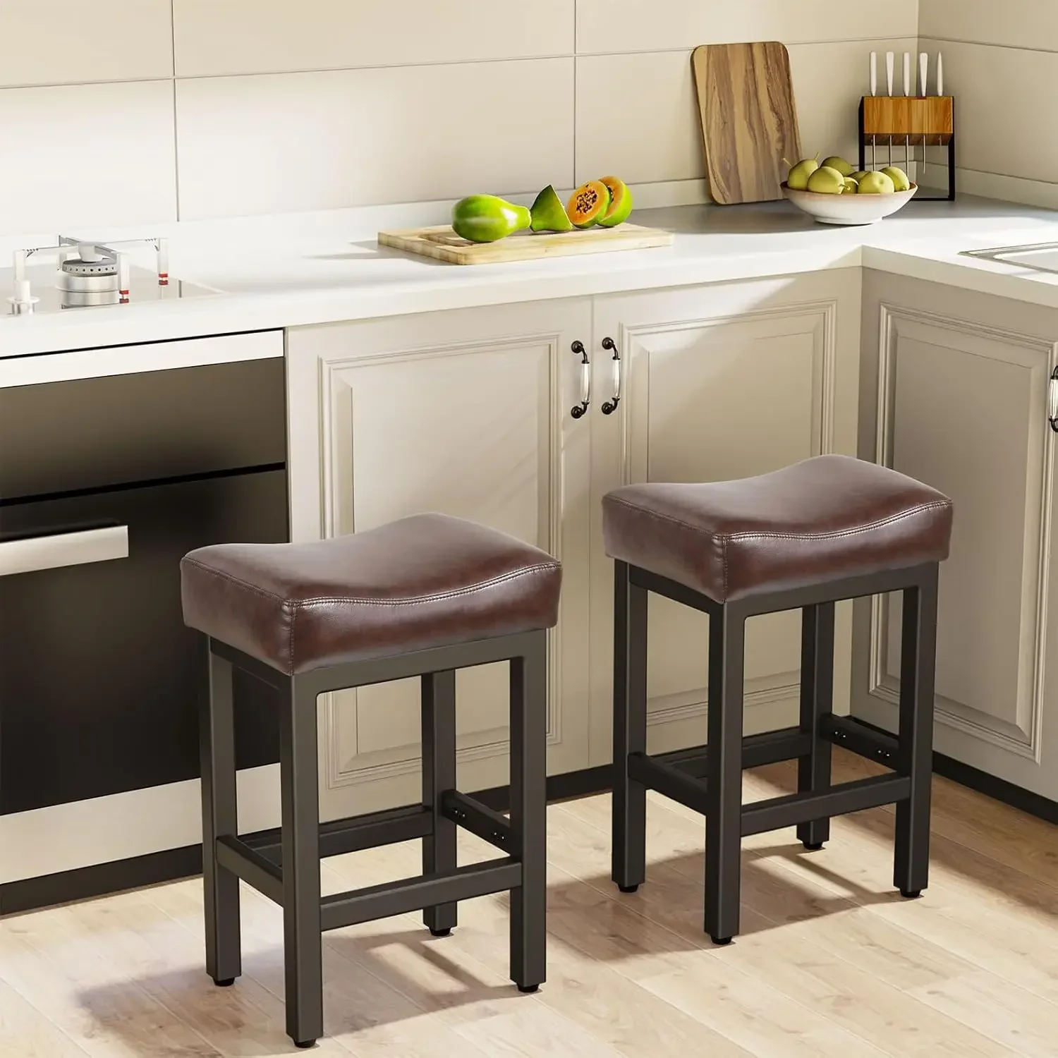 New2025-Counter Height Bar Stools Set of 2, 24 Inch Barstools for Kitchen Island Counter, Bonded Leather Kitchen Stools with