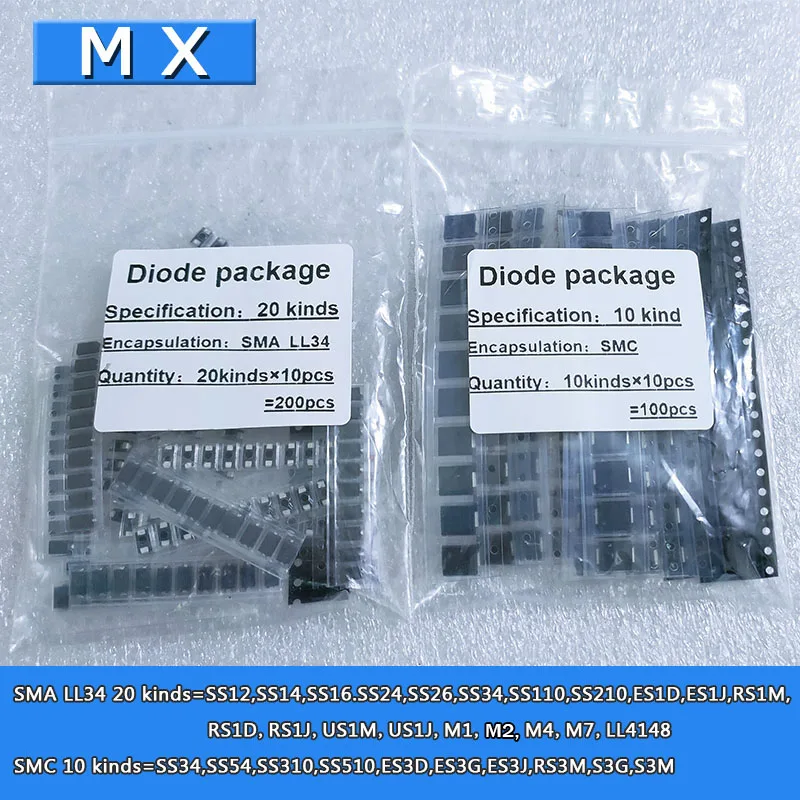 

30 tipos * 10 Uds = 300 Uds./lote SMD paquetes de diodos/SS12,SS14,SS210,RS1J,RS3M,SS34,SS54,S3G,S3M,ES3G SMA SMC SMD