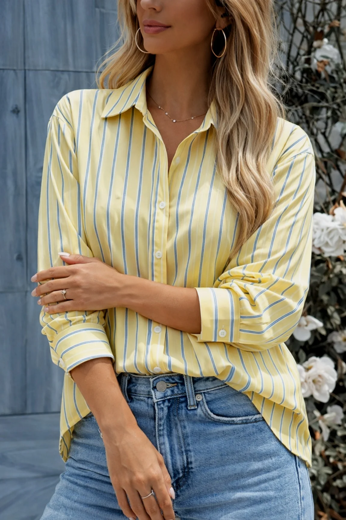 Women's Yellow Striped Button Down Shirt Casual Long Sleeve Blouse Top 2