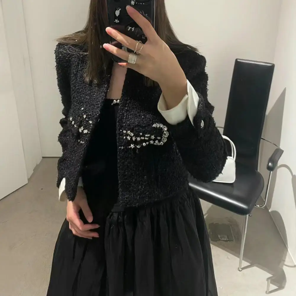 

Coarse Tweed Black Diamond Short Jacket Patchwork Long Sleeve Round Neck Slim Fashion Spring Runway New 2024