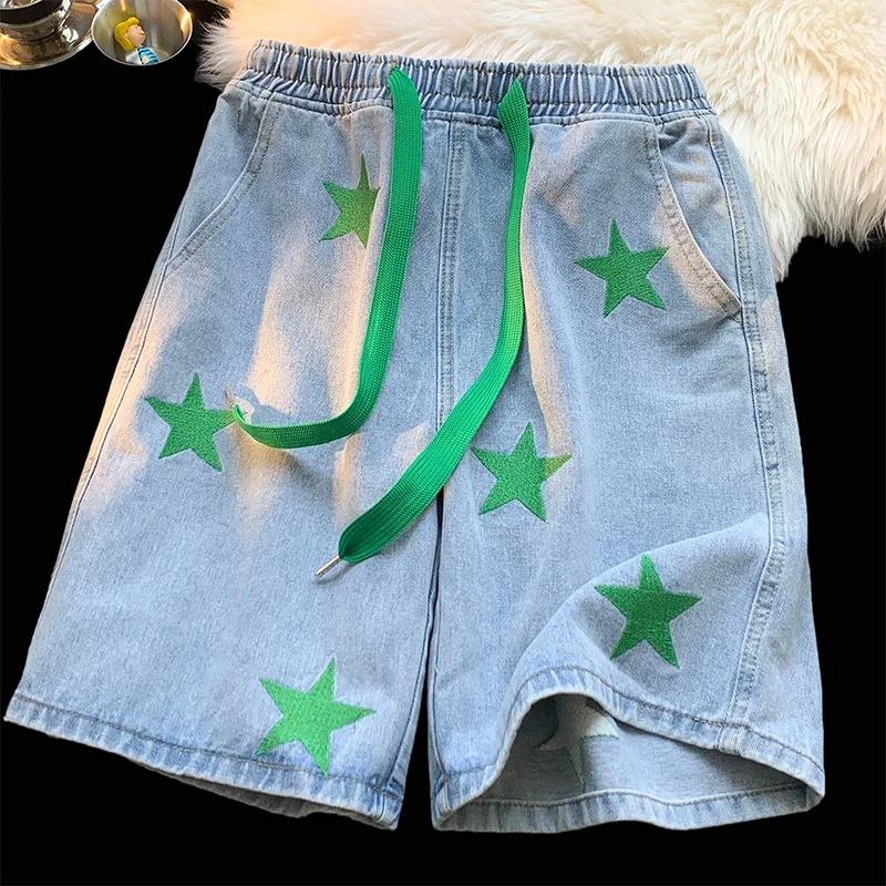 Star Patchwork Blue Color Jeans Summer Men Denim Shorts Trendy Streetwear Five-point Pants Straight Jeans Shorts