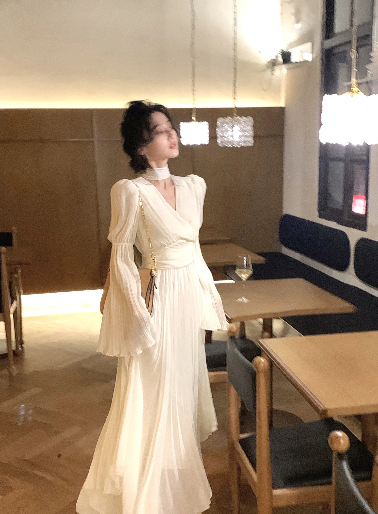 Autumn Solid Pleated Long Dresses for Women Halter V-neck Flare Sleeve Wedding Party Dress Korean Fashion One Piece Vestidos New