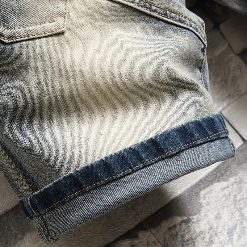 Denim Shorts Summer Jeans Shorts Summer Men's Stretch Denim Shorts Retro High Street Style Old Slim Fit Short Jeans Splicing Design 98% Cotton