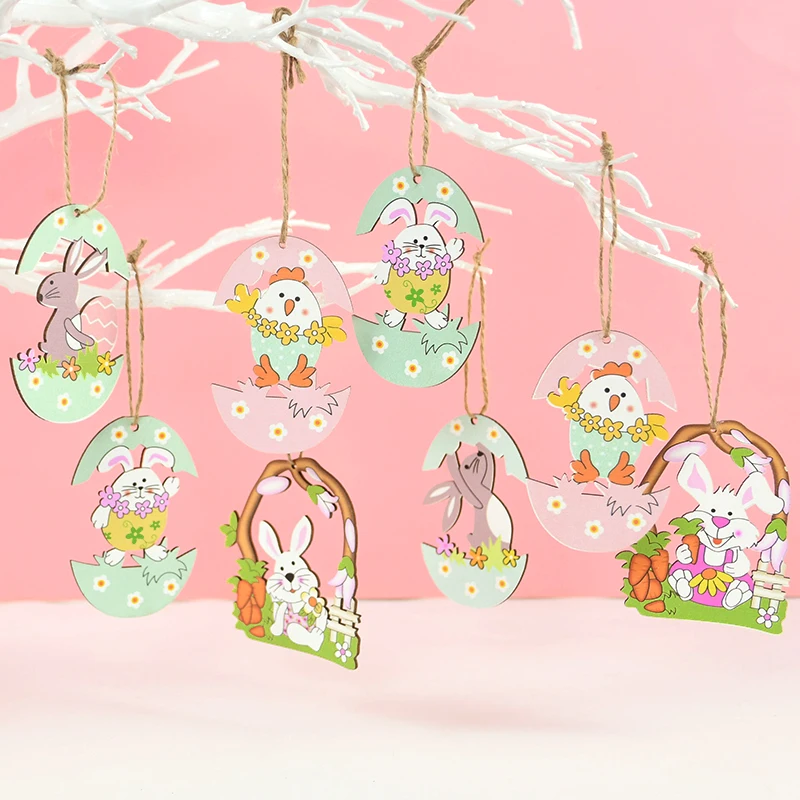 

5pcs Easter Wooden Pendants Hanging Ornament Eggs Bunny Painted Painting Rabbit Chick Wood Craft Happy Easter Home Decoration