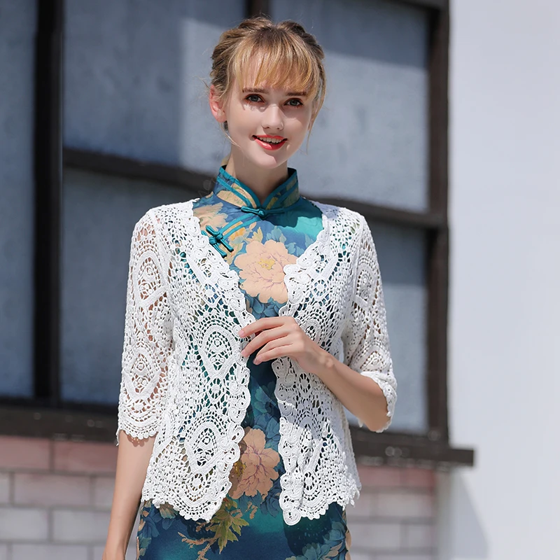 Women Cotton Crochet Cute Tops Floral Embroidery Chiffon Sleeve Cover Up Crop Tops Summer Beach Style Sweet Retro Tops cover ups tassel hollow out crochet halter cover up in apricot size s