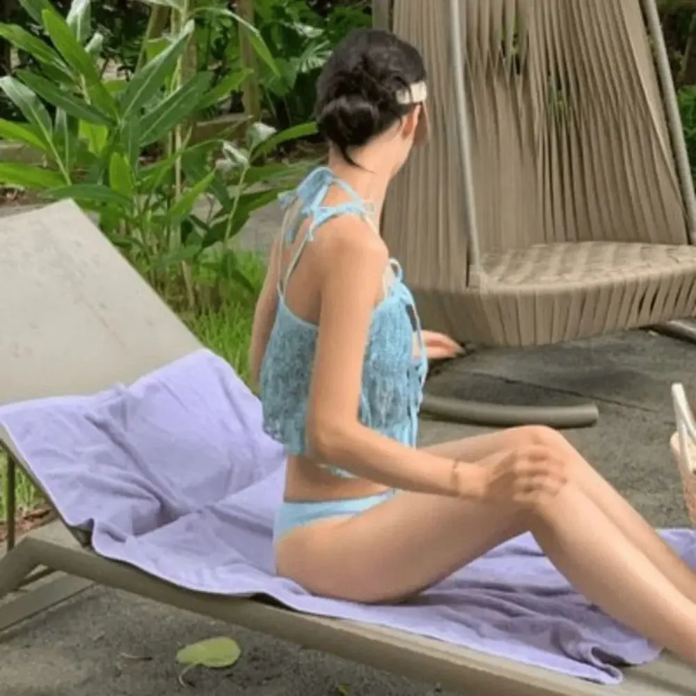 Neck-Mounted Design Thermal Spring Swimsuit Tie-Dye Pattern Slimming Cut Hollow Out Bikini Split Style Hollow Out Design