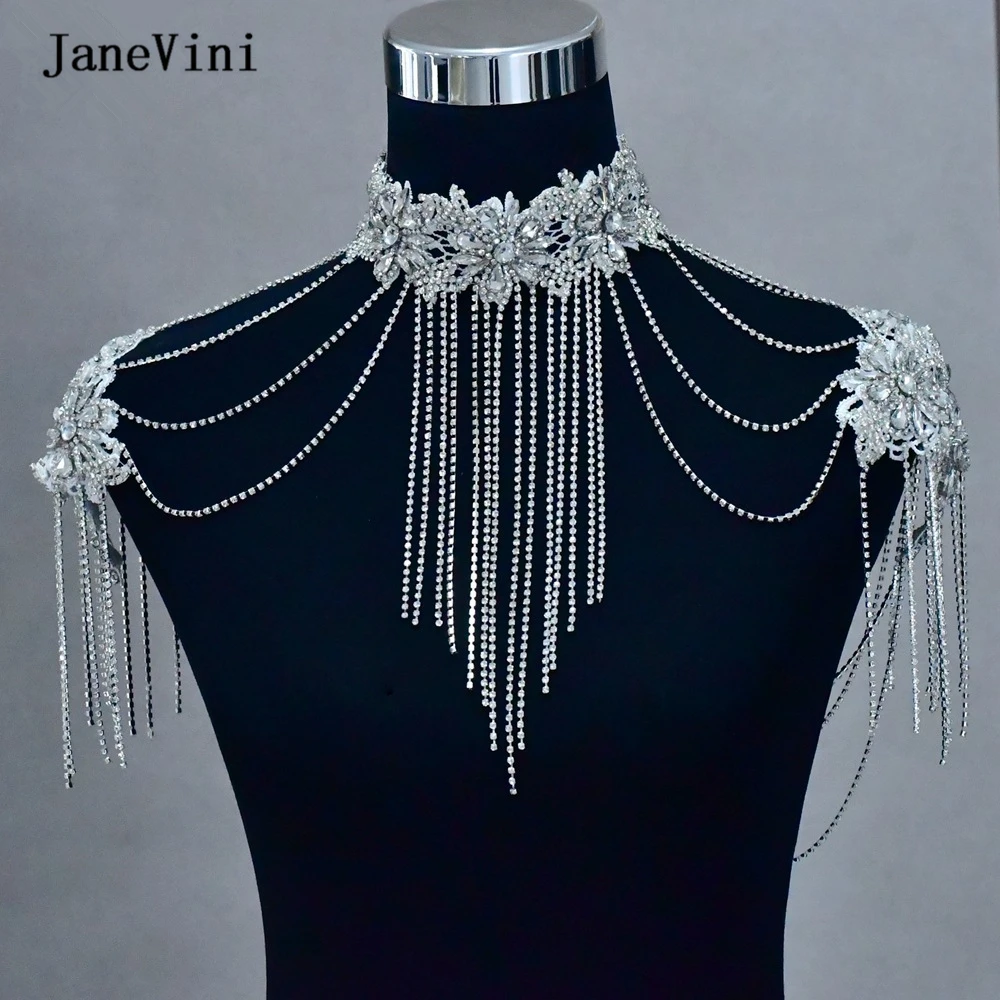 

JaneVini Rhinestone Tassel Women's Necklace Bling Crystal Beaded Bridal Shoulder Chain Back Jewelry Wedding Dress Accessories